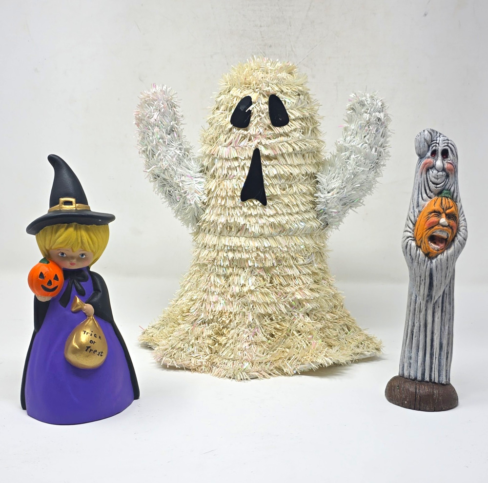 Halloween Decor Lot of 3 Witch Ghost Pumpkin Figurines Tinsel Vintage Style
